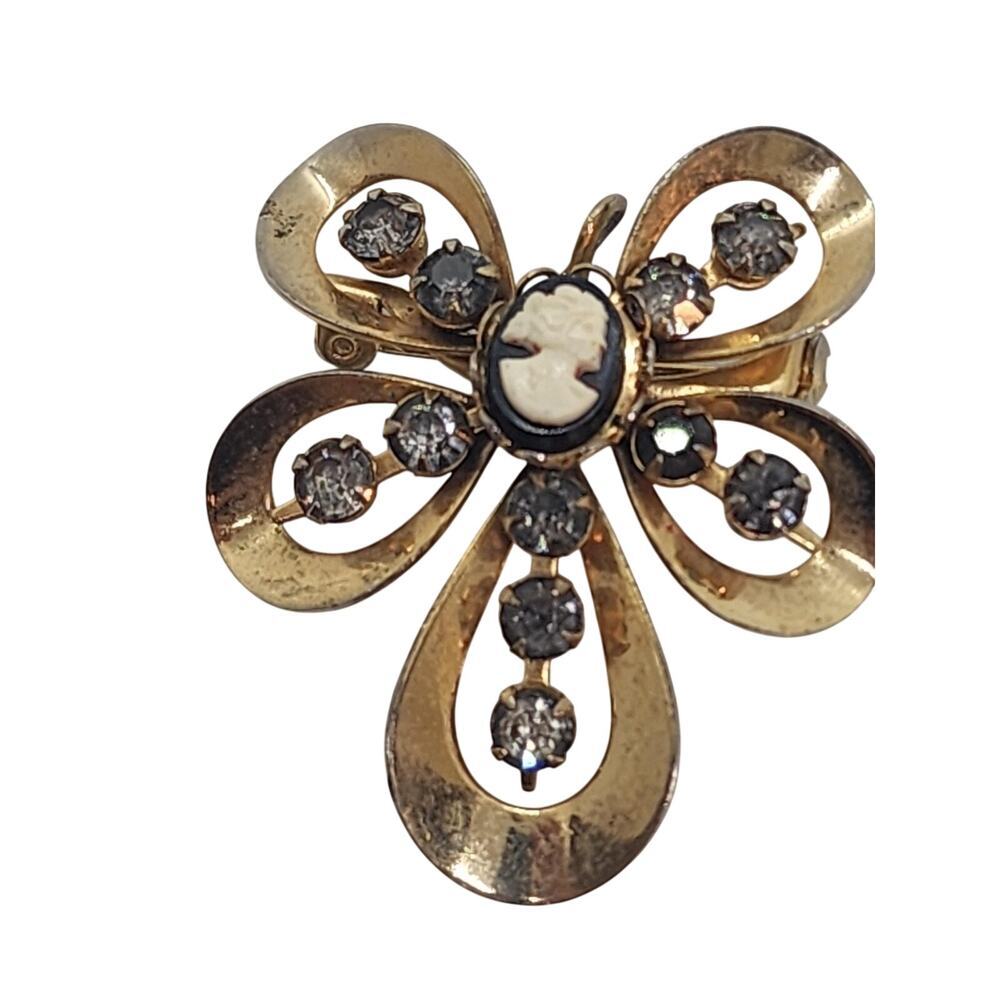Vintage Cameo Brooch Pendant Gold Tone Rhinestone Bow Ribbon Convertible Pin
